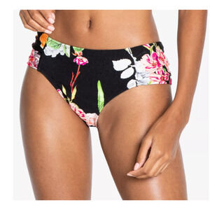 Rachel Roy Bikini Bottoms Womens Size Medium Black Multi Floral Ruched Sides